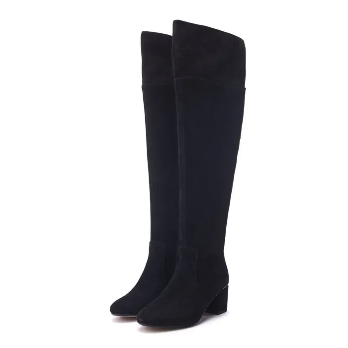 Knee High Boots Women Moda In Pelle Retta Black Suede