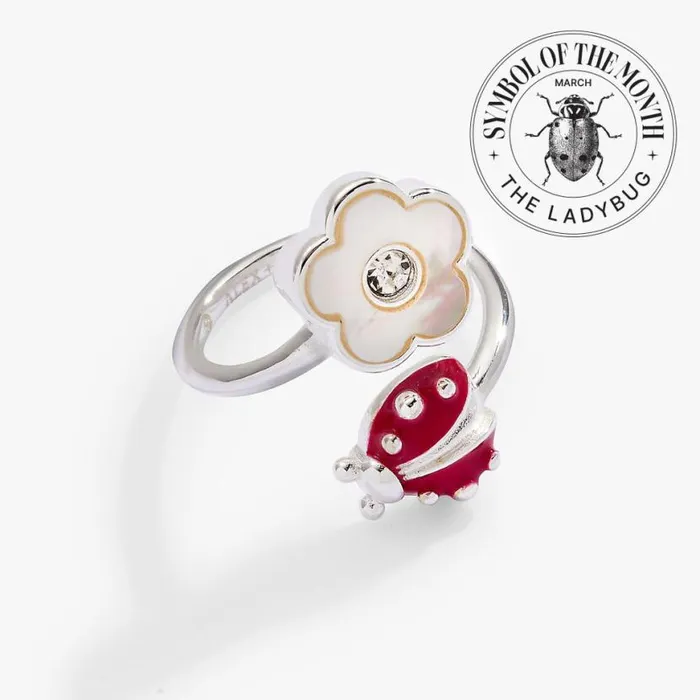 Ladybug And Mother Of Pearl Flower Ring Silver Women Alex And Ani Rings