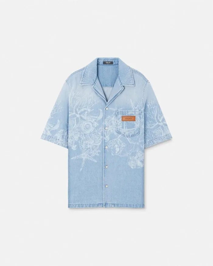 Lasered Barocco Sea Denim Overshirt Blue Men Versace Shirts