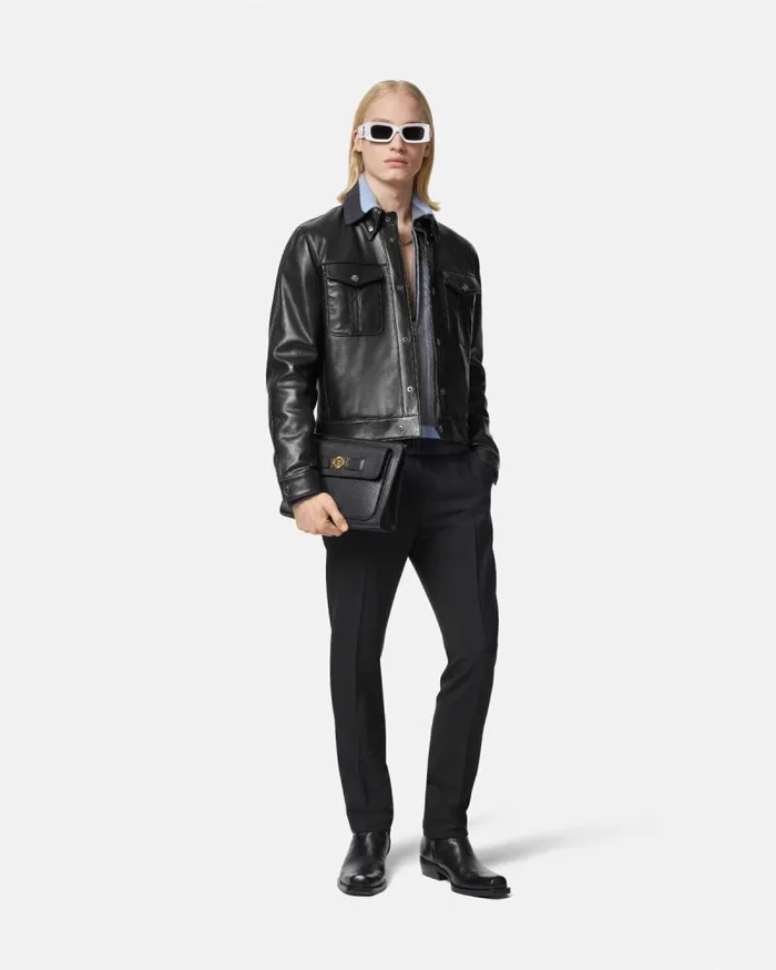 Leather Blouson Jacket Black Men Versace Jackets and Coats