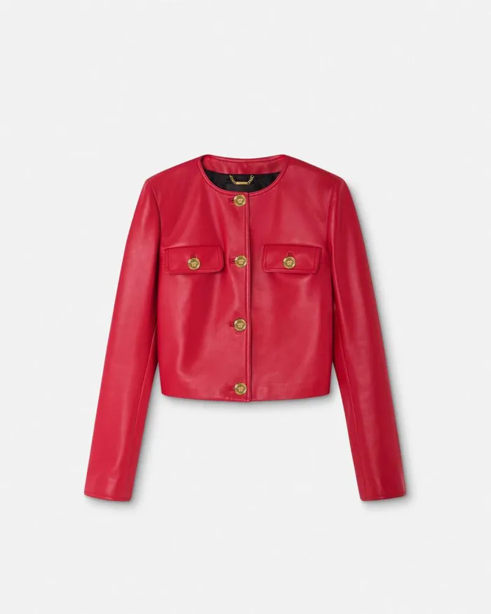 Leather Cardigan Jacket Red Women Versace Outerwear and Coats