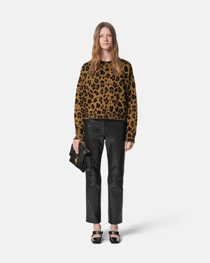Leopard Jacquard Knit Oversized Sweater Animalier Women Versace Knitwear