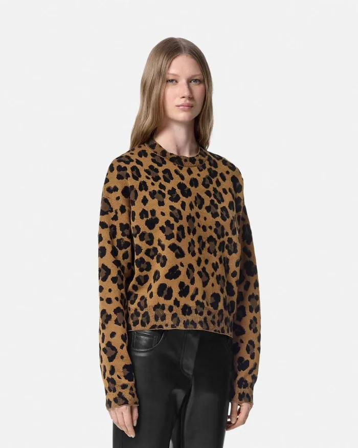 Leopard Jacquard Knit Oversized Sweater Animalier Women Versace Knitwear