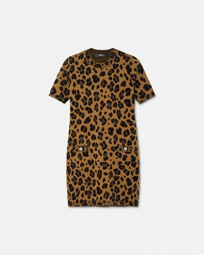Leopard Jacquard Knit TShirt Dress Animalier Women Versace Dresses