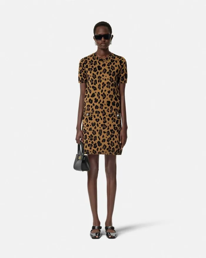 Leopard Jacquard Knit TShirt Dress Animalier Women Versace Dresses