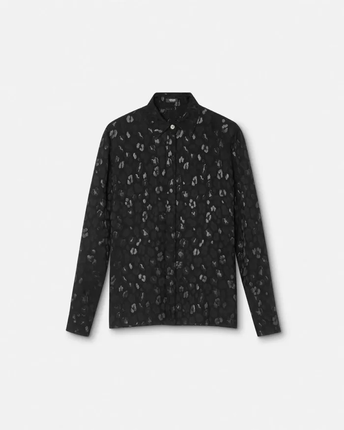 Leopard Jacquard Satin Shirt Black Women Versace Shirts and Tops