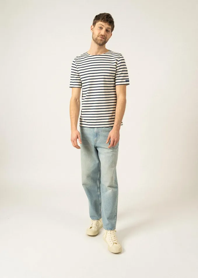 Levant Modern Breton Stripe Short Sleeve Shirt Soft Cotton Ecrunavy Men Saint James Breton Striped Shirts