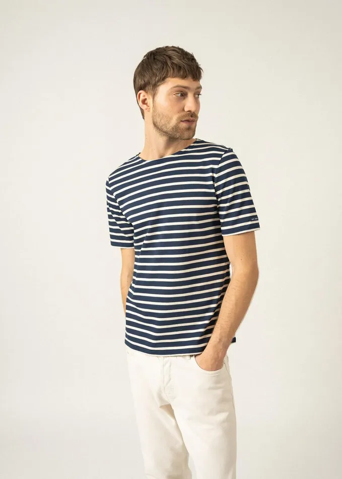 Levant Modern Breton Stripe Short Sleeve Shirt Soft Cotton Navyecru Men Saint James Breton Striped Shirts