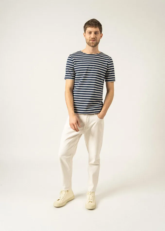 Levant Modern Breton Stripe Short Sleeve Shirt Soft Cotton Navyecru Men Saint James Breton Striped Shirts