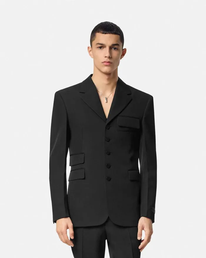 Light Wool FiveButton Blazer Black Men Versace Blazers and Suits