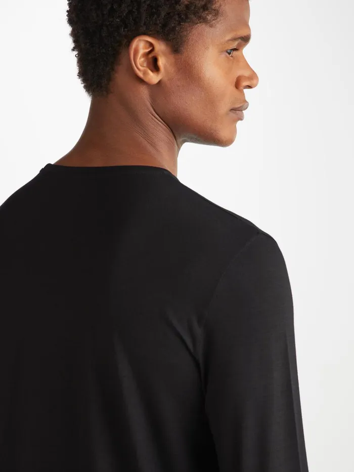 Long Sleeve TShirts Men Derek Rose Long Sleeve TShirt Basel Micro Modal Stretch Black