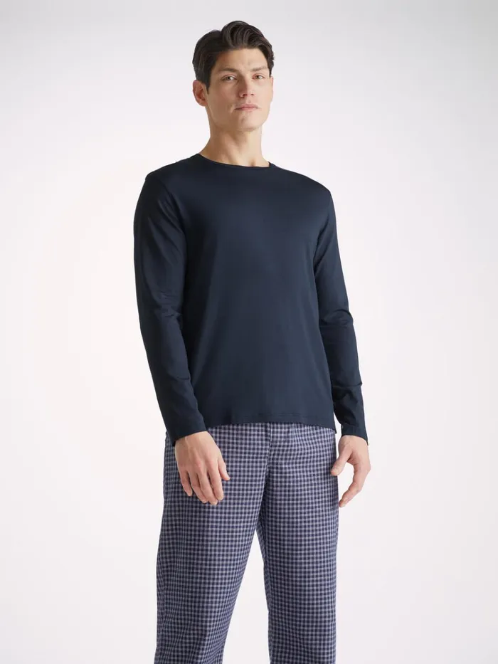 Long Sleeve TShirts Men Derek Rose Long Sleeve TShirt Basel Micro Modal Stretch Navy Long Sleeve TShirts Men Derek Rose Long Sleeve TShirt Basel Micro Modal Stretch Navy