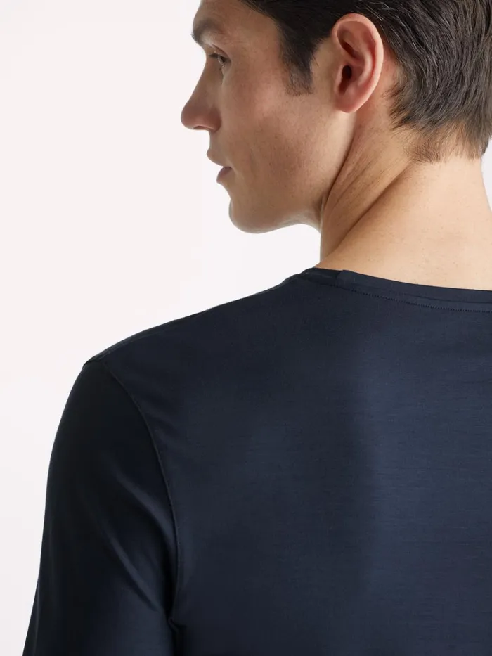 Long Sleeve TShirts Men Derek Rose Long Sleeve TShirt Basel Micro Modal Stretch Navy