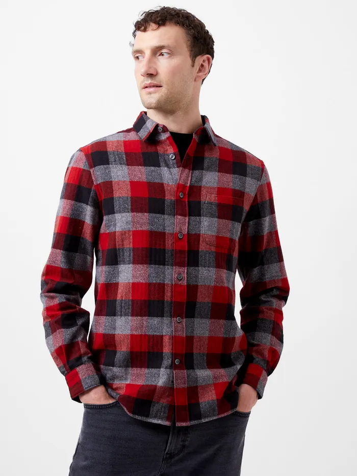 Man Shirts French Connection Brushed Flannel Check Shirt Burgundy Red