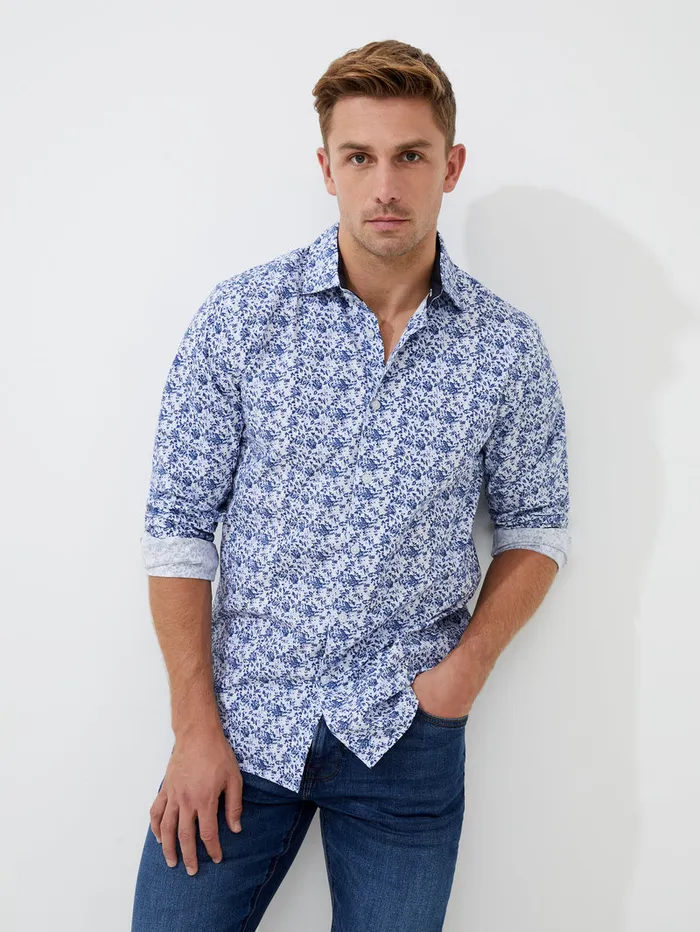 Man Shirts French Connection Long Sleeve All Over Print Shirt Blue Combo