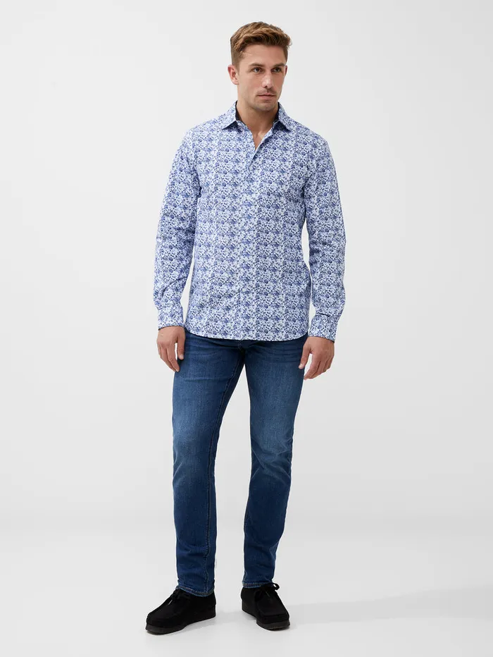 Man Shirts French Connection Long Sleeve All Over Print Shirt Blue Combo Man Shirts French Connection Long Sleeve All Over Print Shirt Blue Combo