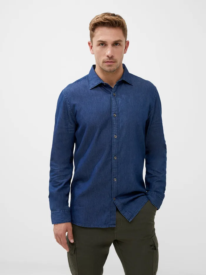 Man Shirts French Connection Long Sleeve Light Denim Shirt Mid Wash