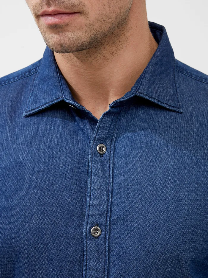 Man Shirts French Connection Long Sleeve Light Denim Shirt Mid Wash