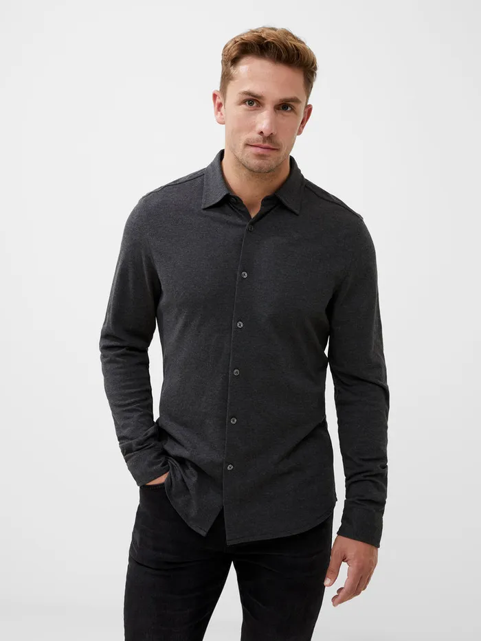 Man Shirts French Connection Long Sleeve Pique Jersey Shirt Charcoal Mel