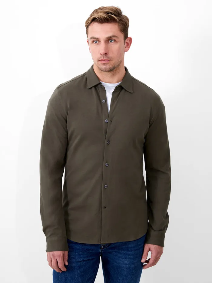 Man Shirts French Connection Long Sleeve Pique Jersey Shirt Olive