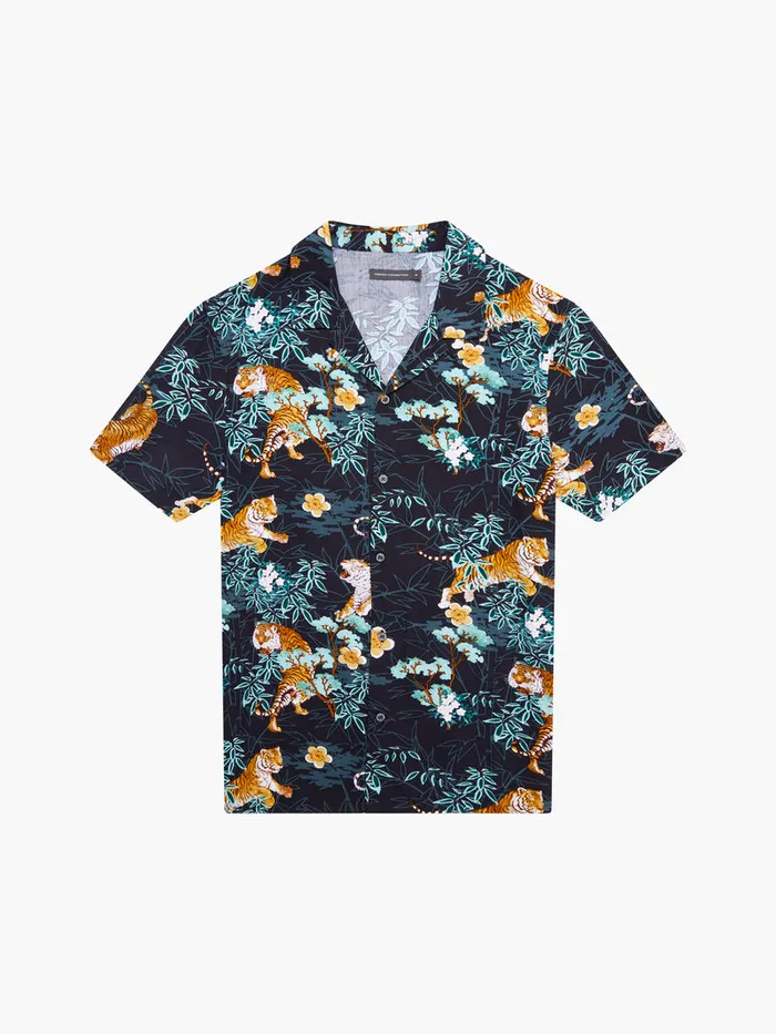 Man Shirts French Connection Tiger Bamboo Viscose Short Sleeve Shirt Black