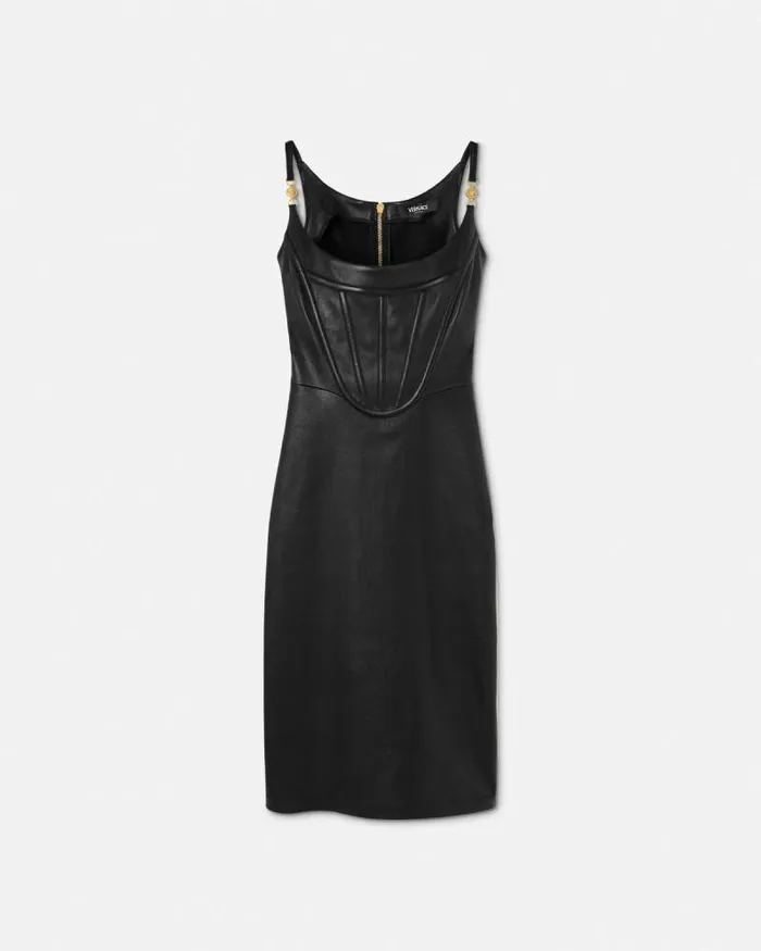 Medusa 03995 Corset Leather Midi Dress Black Women Versace Dresses