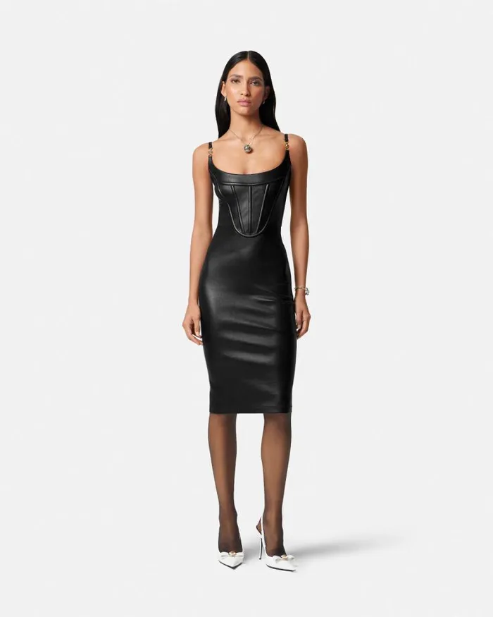 Medusa 03995 Corset Leather Midi Dress Black Women Versace Dresses