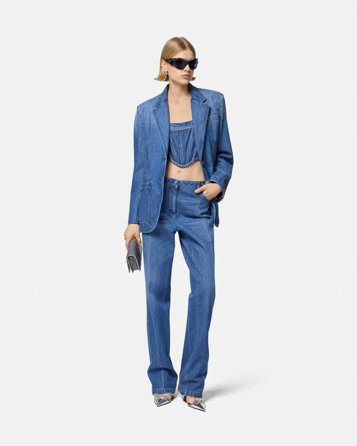Medusa 03995 Denim Corset Top Blue Women Versace Shirts and Tops