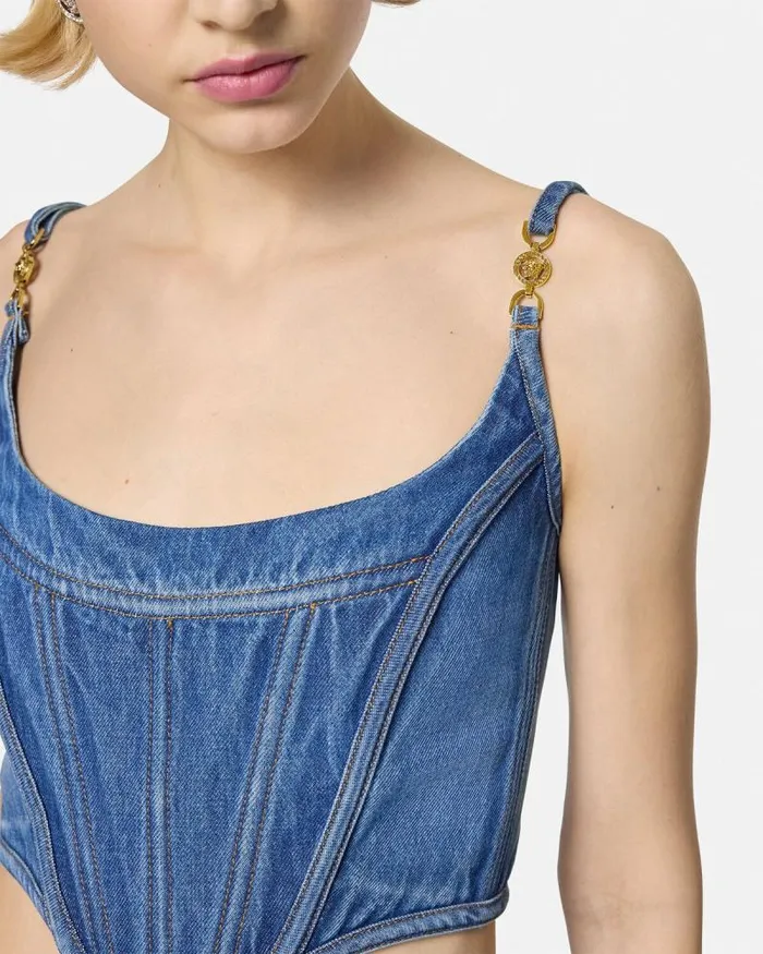 Medusa 03995 Denim Corset Top Blue Women Versace Shirts and Tops