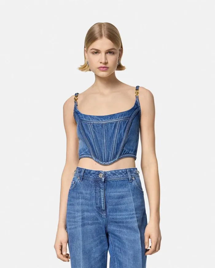Medusa 03995 Denim Corset Top Blue Women Versace Shirts and Tops