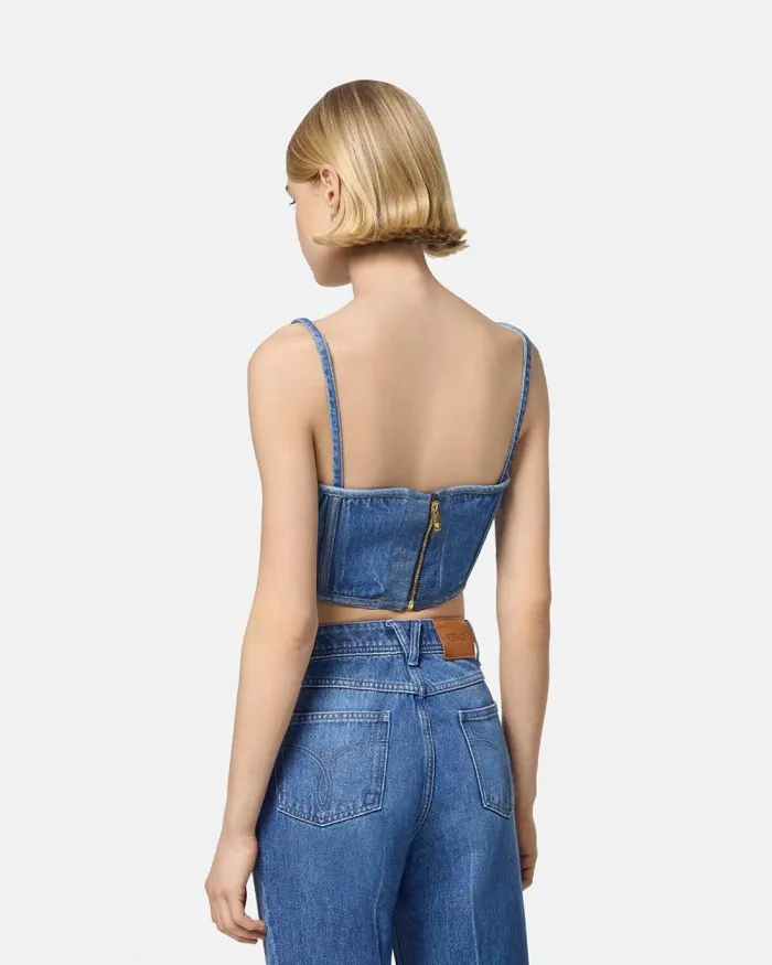 Medusa 03995 Denim Corset Top Blue Women Versace Shirts and Tops