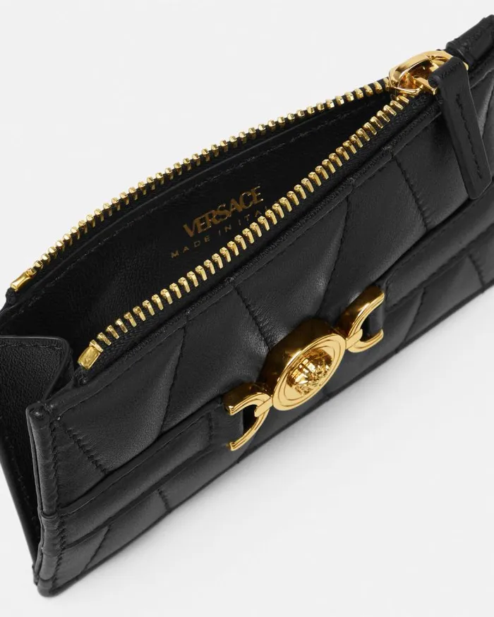 Medusa 03995 Quilted Zip Card Holder Blackgold Women Versace Wallets