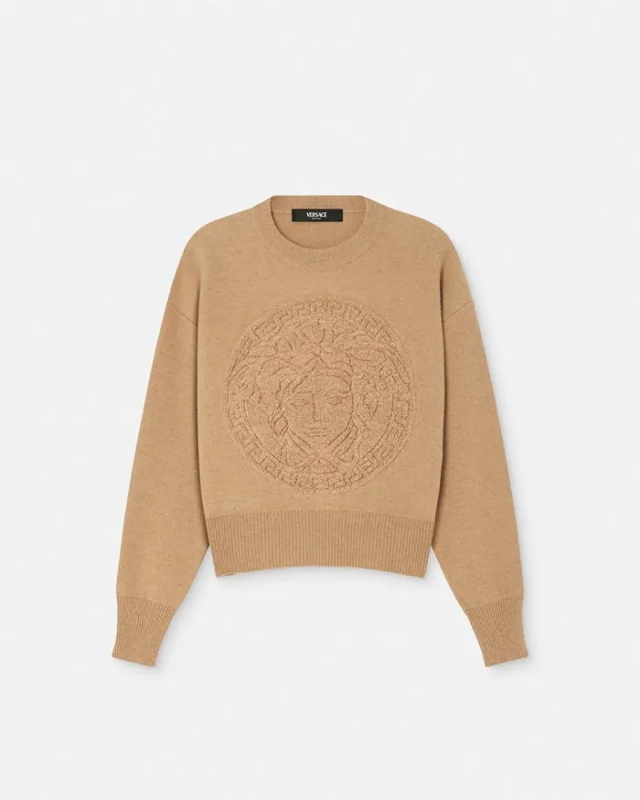 Medusa WoolBlend Knit Towel Sweater Beige Women Versace Knitwear