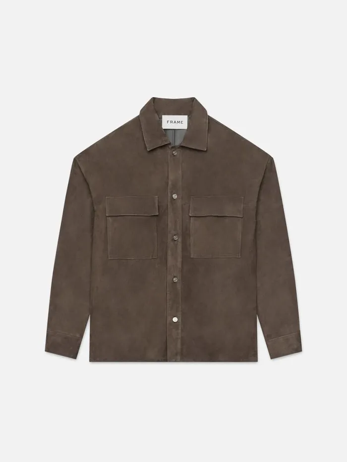 Men Leather and Suede FRAME Long Sleeve Suede Shirt 8212 Dark Wood