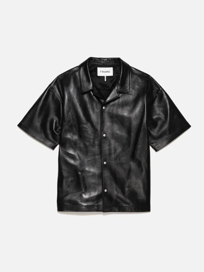 Men Leather and Suede FRAME Short Sleeve Leather Camp Shirt 8212 Black