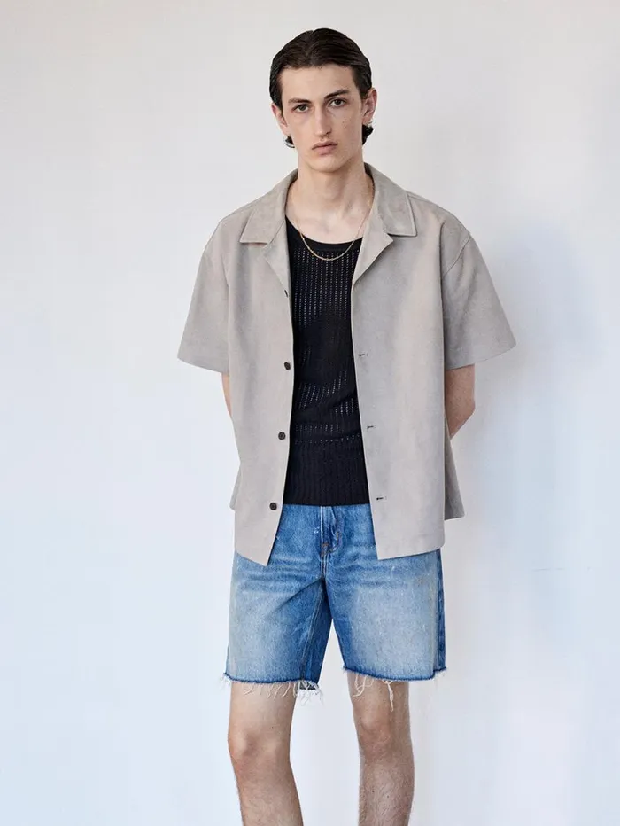 Men Leather and Suede FRAME Short Sleeve Suede Shirt 8212 Smoke Grey