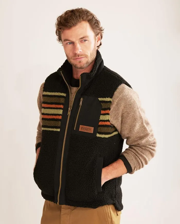 Men RIDGELINE BERBER FLEECE VEST Olive Camp Stripe Pendleton Jackets and Coats