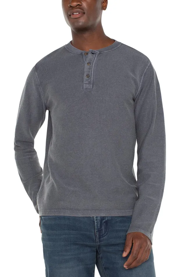 Mens Liverpool Los Angeles Shirts LONG SLEEVE HENLEY Gray Pinstripe