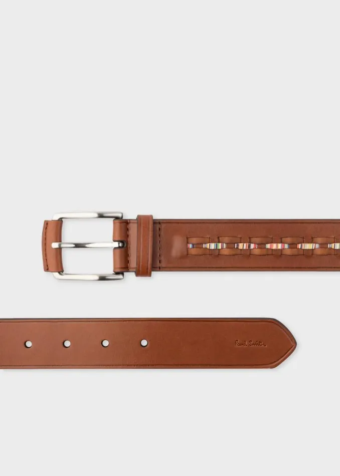 Mens Paul Smith Belts Brown Leather Signature Stripe Weave Belt