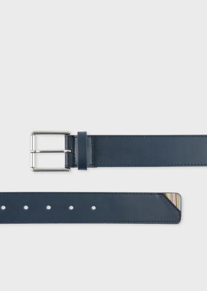 Mens Paul Smith Belts Navy 039Signature Stripe039 Corner Leather Belt
