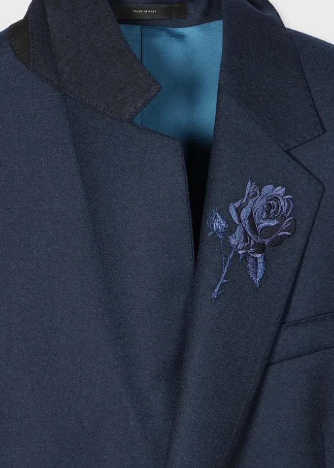 Mens Paul Smith Blazers Dark Teal WoolCashmere Flannel Embroidered Flower Blazer