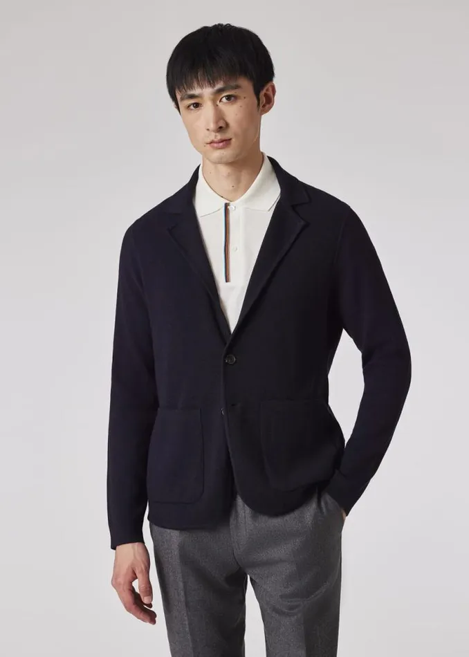 Mens Paul Smith Blazers Navy Knitted Wool Cardigan Blazer