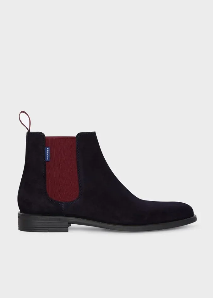 Mens Paul Smith Boots Navy Suede 039Cedric039 Boots With Burgundy Trim