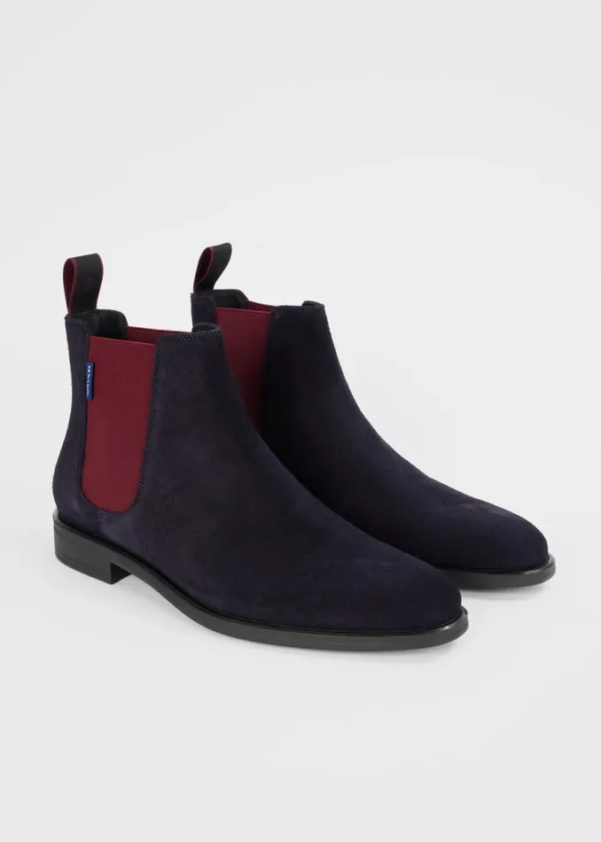 Mens Paul Smith Boots Navy Suede 039Cedric039 Boots With Burgundy Trim