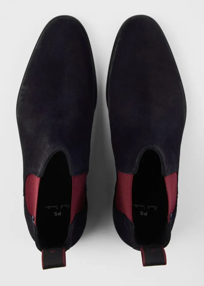 Mens Paul Smith Boots Navy Suede 039Cedric039 Boots With Burgundy Trim