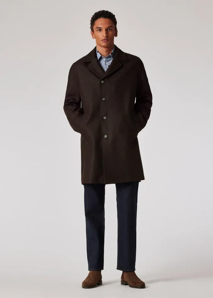 Mens Paul Smith Coats and Jackets Dark Brown Melton Wool Overcoat