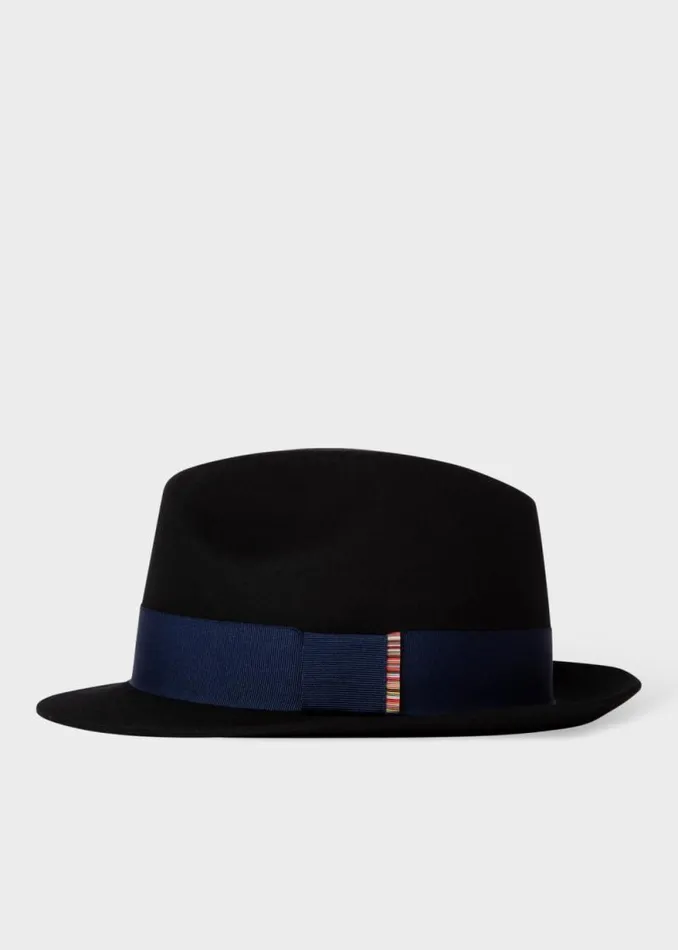 Mens Paul Smith Hats and Gloves Black Wool Felt Fedora Hat With 039Signature Stripe039 Trim Mens Paul Smith Hats and Gloves Black Wool Felt Fedora Hat With 039Signature Stripe039 Trim