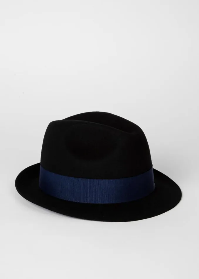Mens Paul Smith Hats and Gloves Black Wool Felt Fedora Hat With 039Signature Stripe039 Trim Mens Paul Smith Hats and Gloves Black Wool Felt Fedora Hat With 039Signature Stripe039 Trim