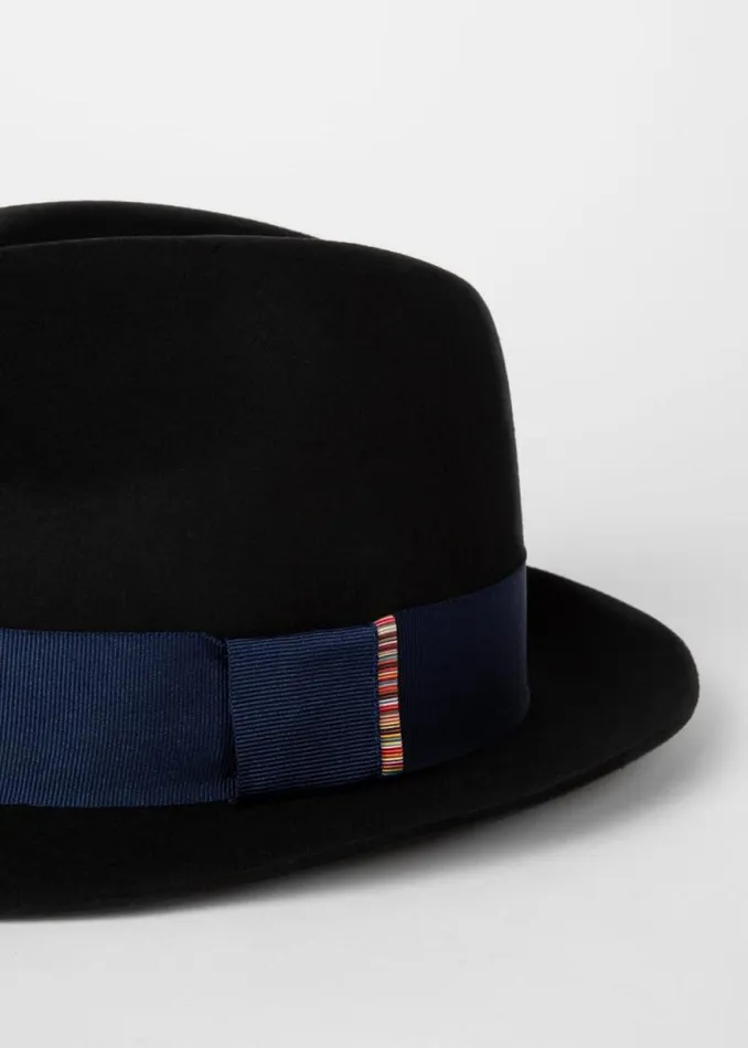 Mens Paul Smith Hats and Gloves Black Wool Felt Fedora Hat With 039Signature Stripe039 Trim Mens Paul Smith Hats and Gloves Black Wool Felt Fedora Hat With 039Signature Stripe039 Trim