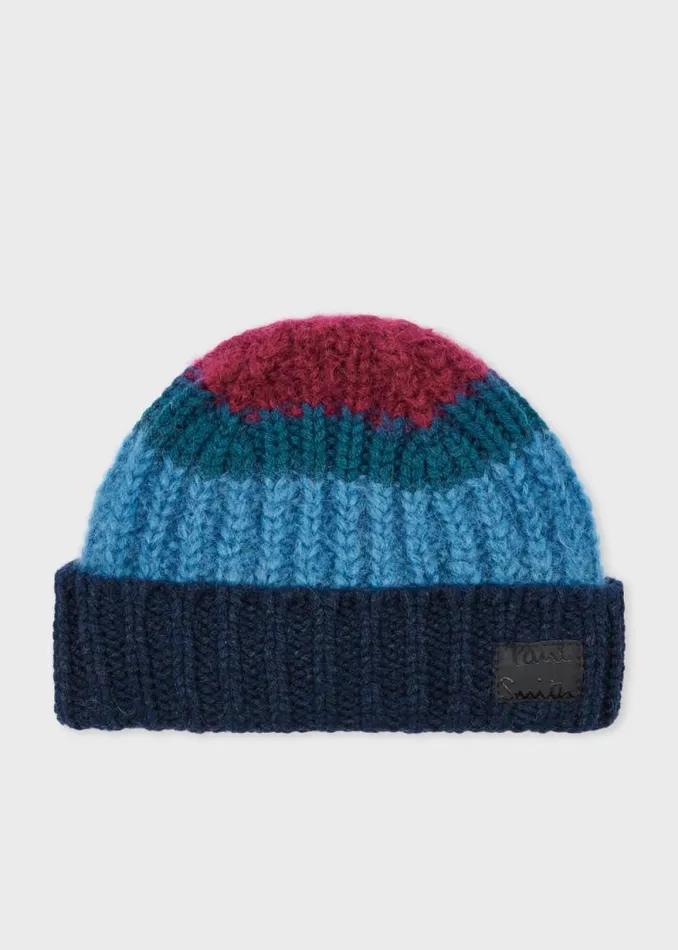 Mens Paul Smith Hats and Gloves Blue Colourblock MohairBlend Beanie